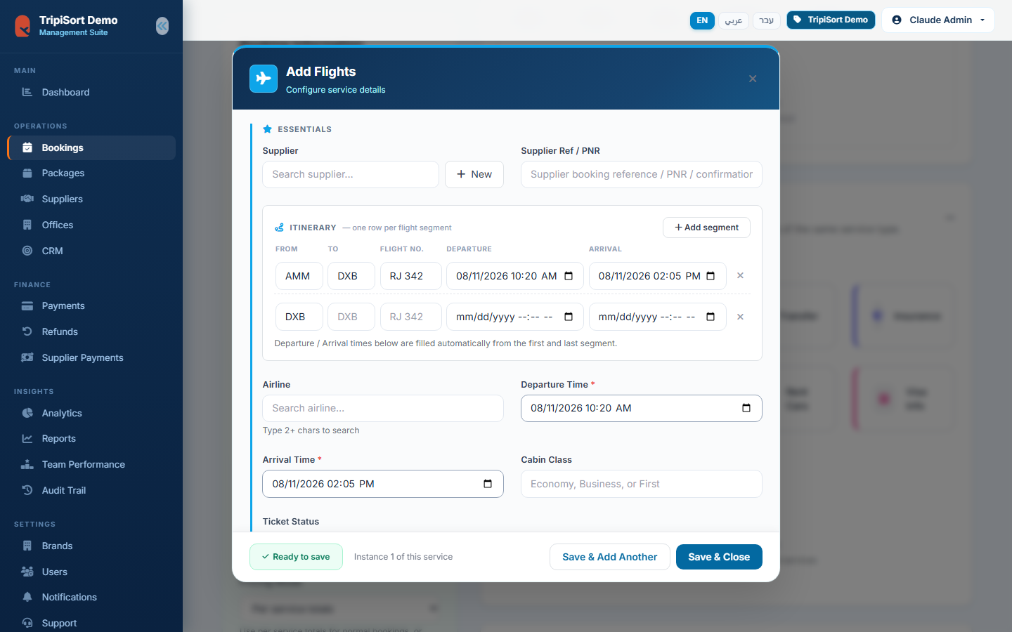 Flight itinerary editor with segments and fare details