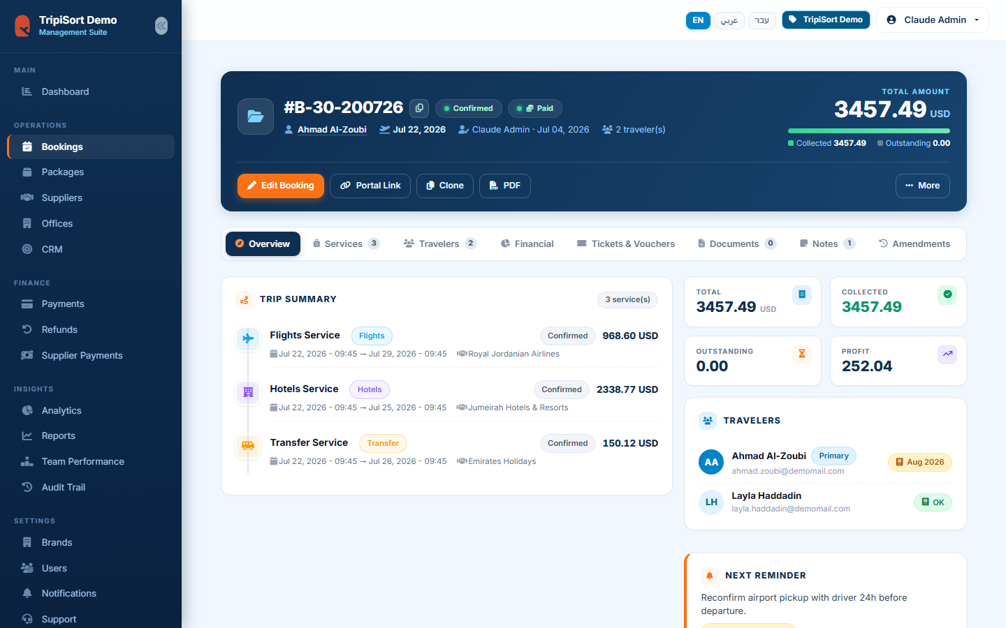 Booking detail overview with services, payment summary and timeline