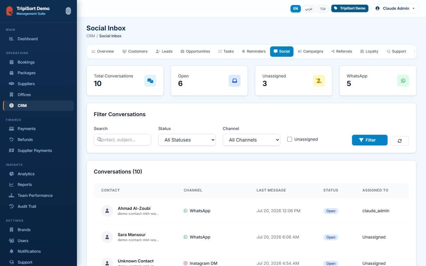 Omnichannel social inbox with WhatsApp and Instagram conversations